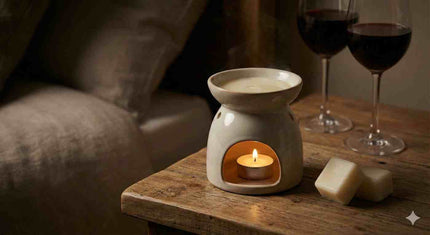 Ceramiczny kominek zapachowy z zapaloną świeczką typu tealight stoi na drewnianym stoliku; obok leżą kostki wosku zapachowego i dwa kieliszki czerwonego wina, w tle miękka sofa w ciepłym, przytulnym oświetleniu.