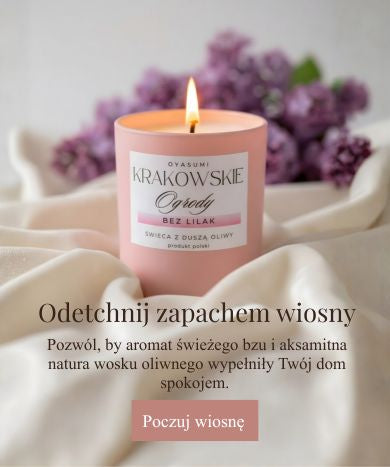 Świeca zapachowa o zapachu bzu Krakowskie Ogrody Oyasumi w wiosennej aranżacji
