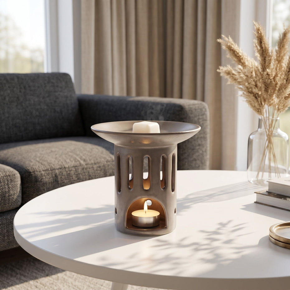 Nowoczesny szary ceramiczny kominek do wosków zapachowych OYASUMI z kostką wosku i świeczką tealight w eleganckim salonie.