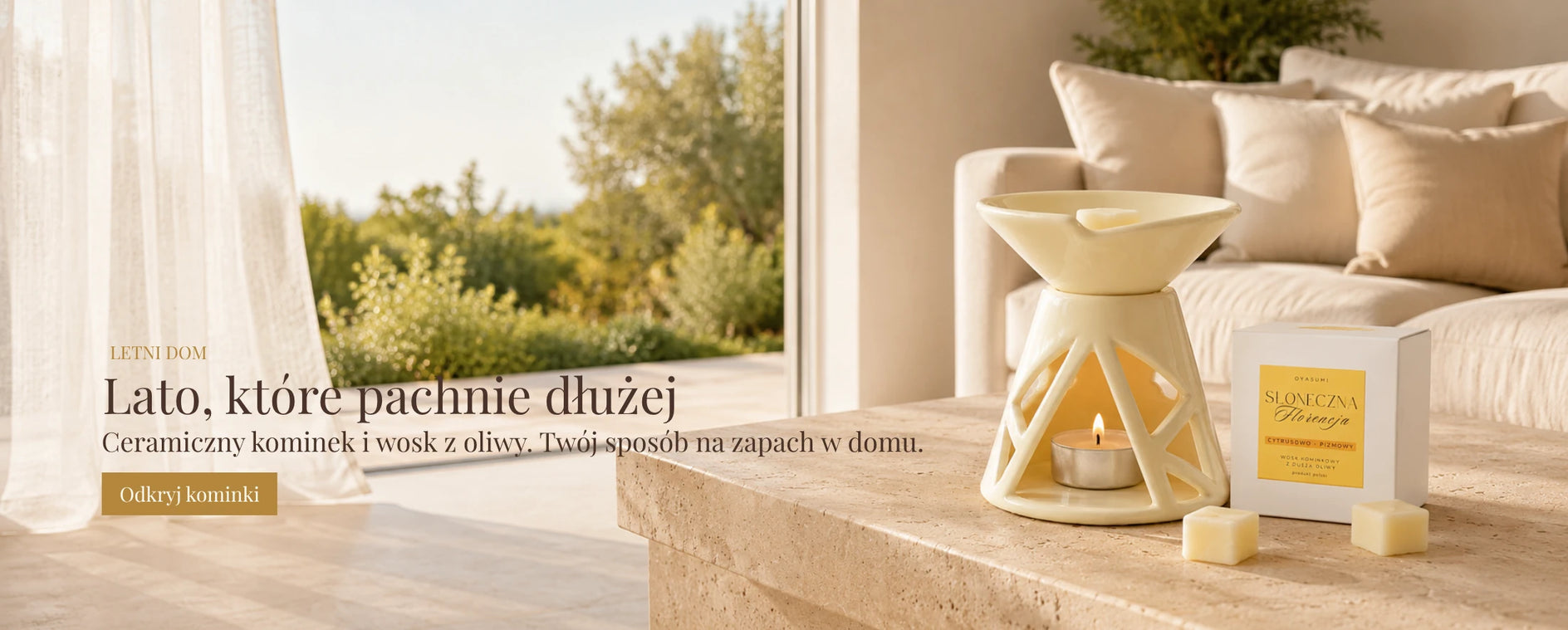 Cytrynowy ceramiczny kominek zapachowy Oyasumi z woskiem Słoneczna Florencja w letnim wnętrzu