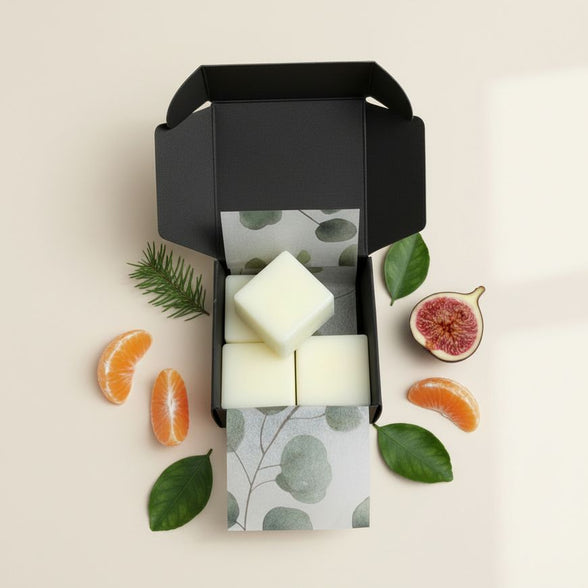 Cztery białe kostki wosku oliwnego w otwartym pudełku Oyasumi obok cząstek mandarynki i figi.