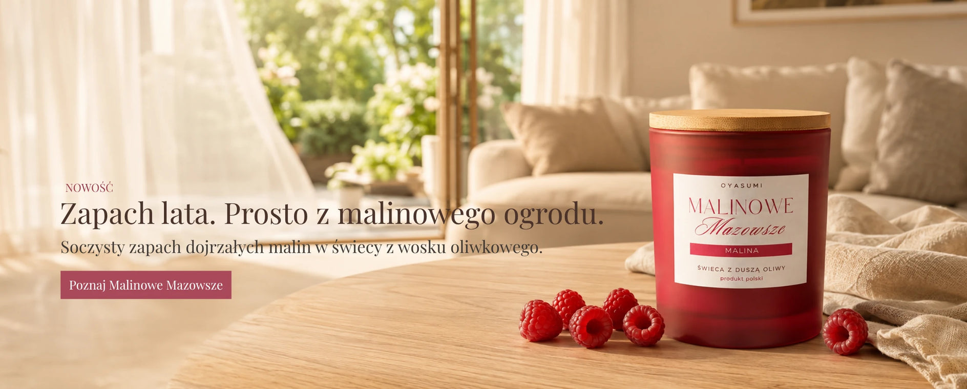 Świeca zapachowa Malinowe Mazowsze Oyasumi o zapachu dojrzałych malin, wykonana z wosku oliwkowego