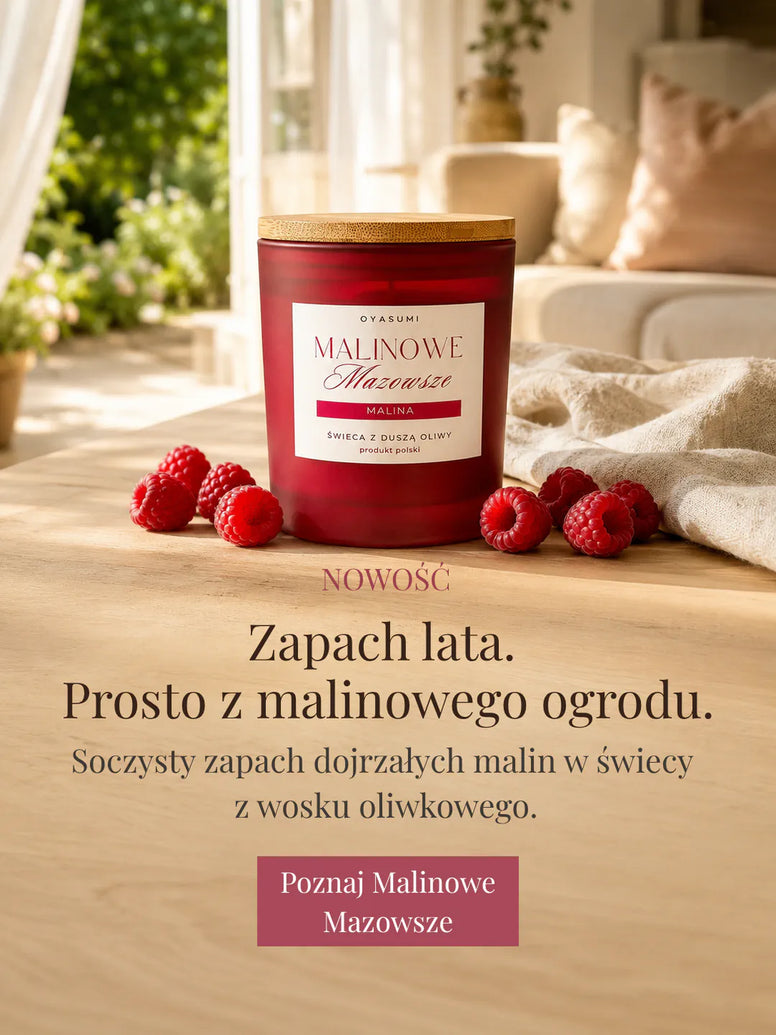 Świeca zapachowa Malinowe Mazowsze Oyasumi o zapachu dojrzałych malin, wykonana z wosku oliwkowego