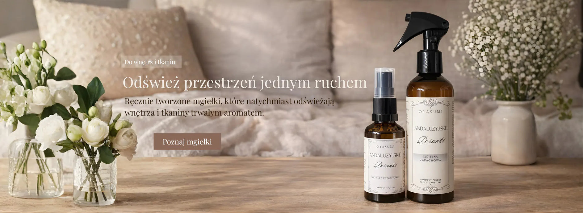 Mgiełka zapachowa Oyasumi do wnętrz i tkanin z trwałym aromatem do szybkiego odświeżania przestrzeni