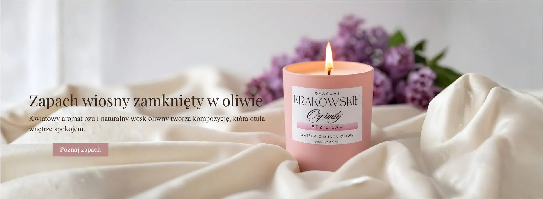 Świeca z wosku oliwnego Oyasumi Krakowskie Ogrody o kwiatowym zapachu bzu i zielonych liści