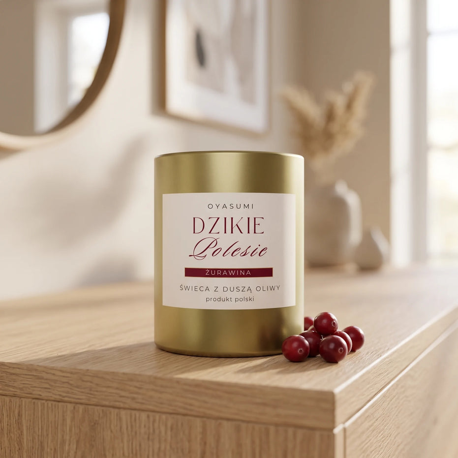 Świeca zapachowa Dzikie Polesie oyasumi na drewnianej konsoli, w tle okrągłe lustro, obok żurawiny – zapach żurawinowy, produkt polski