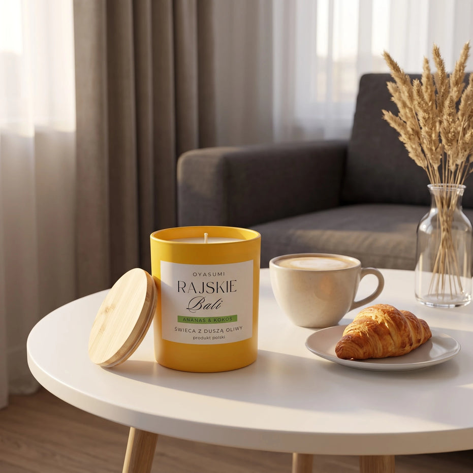 Świeca zapachowa OYASUMI Rajskie Bali z filiżanką kawy i maślanym rogalikiem w przytulnym salonie.