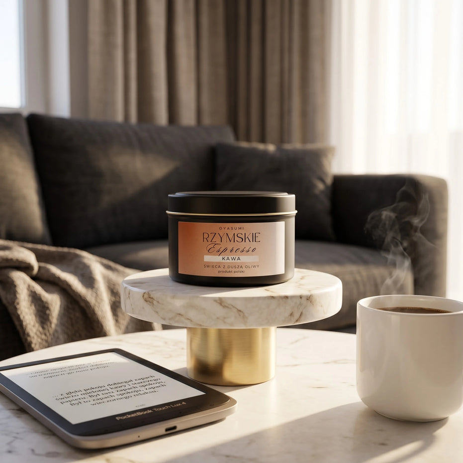 Świeca zapachowa OYASUMI Rzymskie Espresso 90 ml z czytnikiem e-booków i filiżanką kawy w przytulnym salonie.
