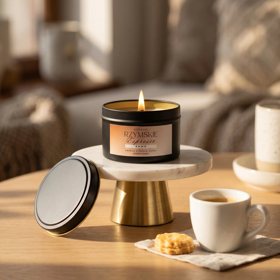 Paląca się świeca zapachowa OYASUMI Rzymskie Espresso 90 ml z filiżanką kawy i ciasteczkami na eleganckim stoliku.