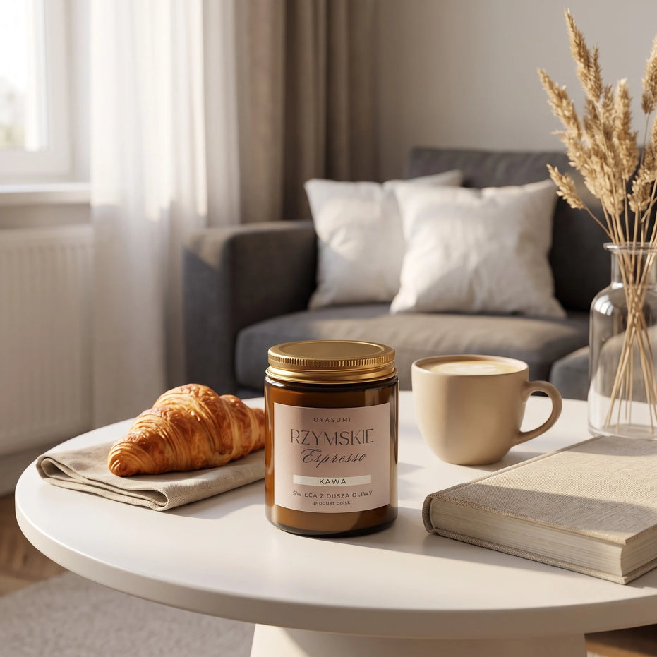 Świeca zapachowa OYASUMI Rzymskie Espresso z wosku oliwnego obok maślanego croissanta i filiżanki kawy.