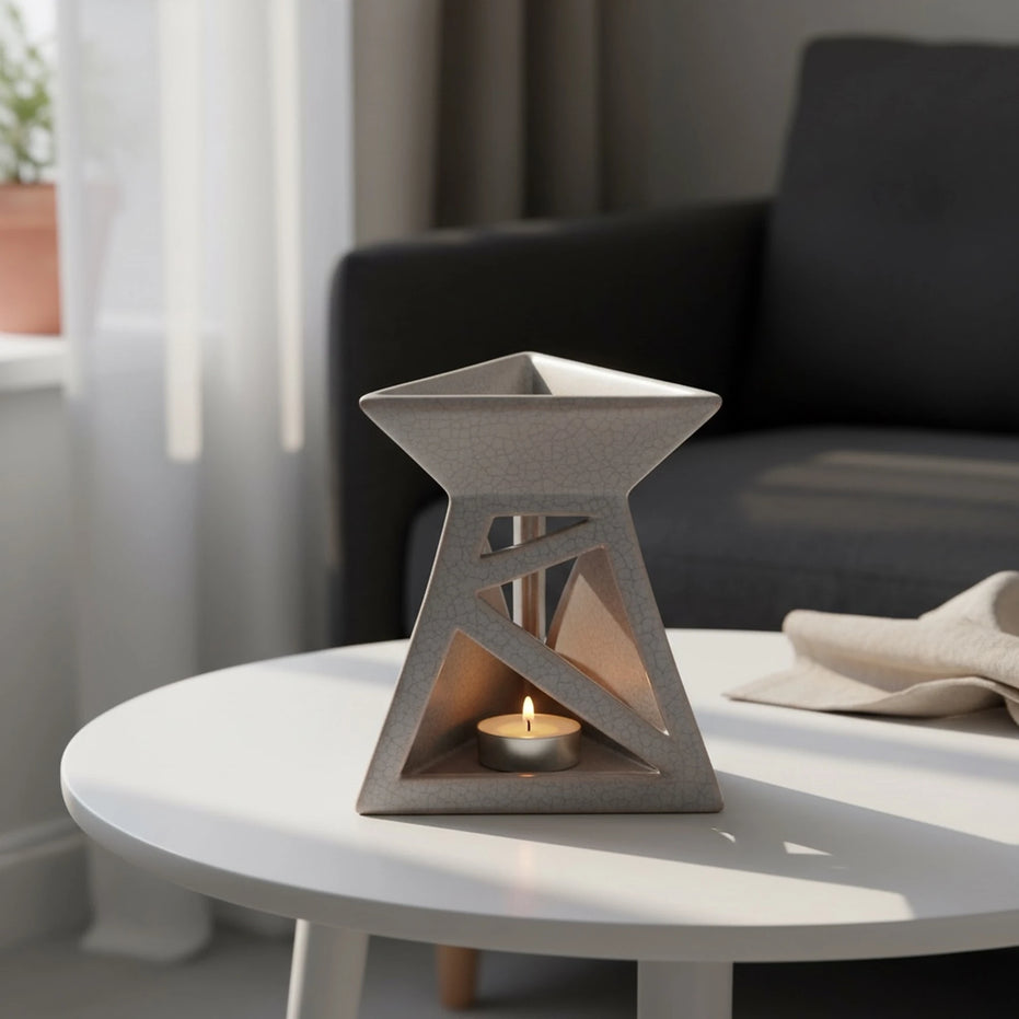 Szary ceramiczny kominek zapachowy z efektem spękanej ceramiki na stoliku w salonie