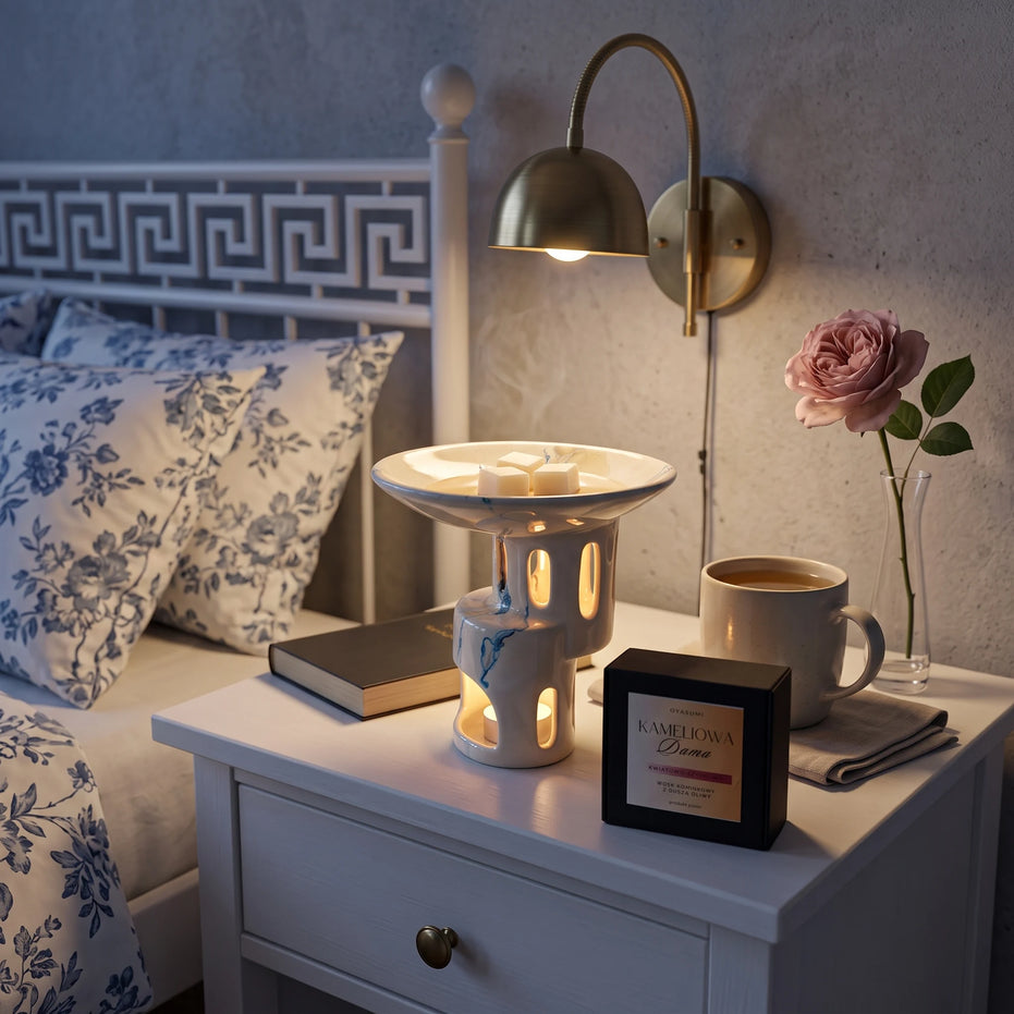 Ceramiczny kominek zapachowy z topiącym się woskiem Kameliowa Dama na nocnej szafce, obok czarne pudełko oyasumi i różowa róża