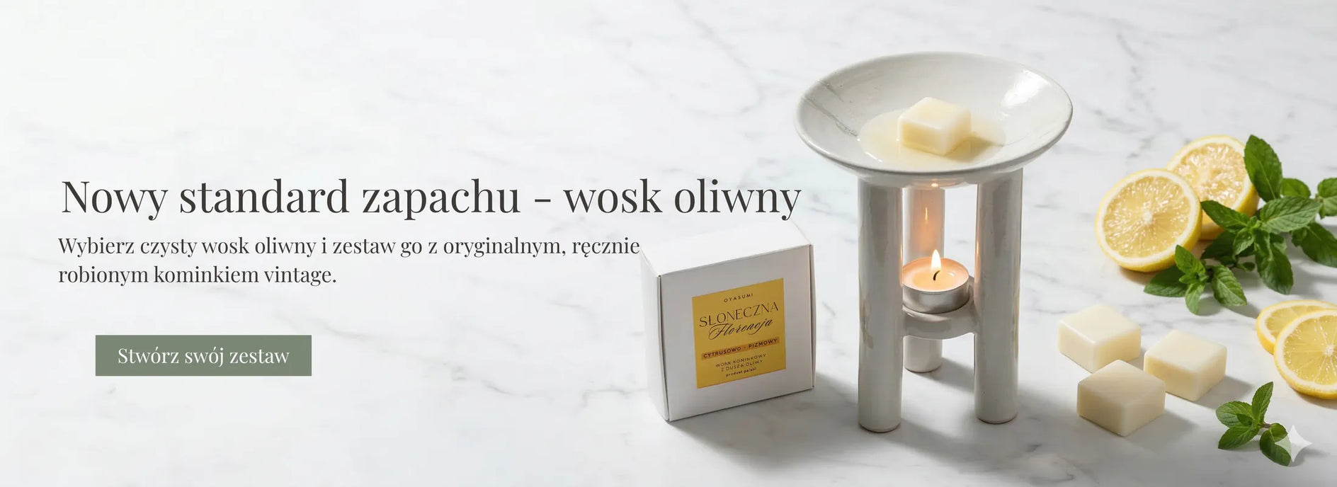 Ceramiczny kominek zapachowy Oyasumi z naturalnym woskiem oliwnym – zestaw do aromaterapii i domowych rytuałów zapachowych